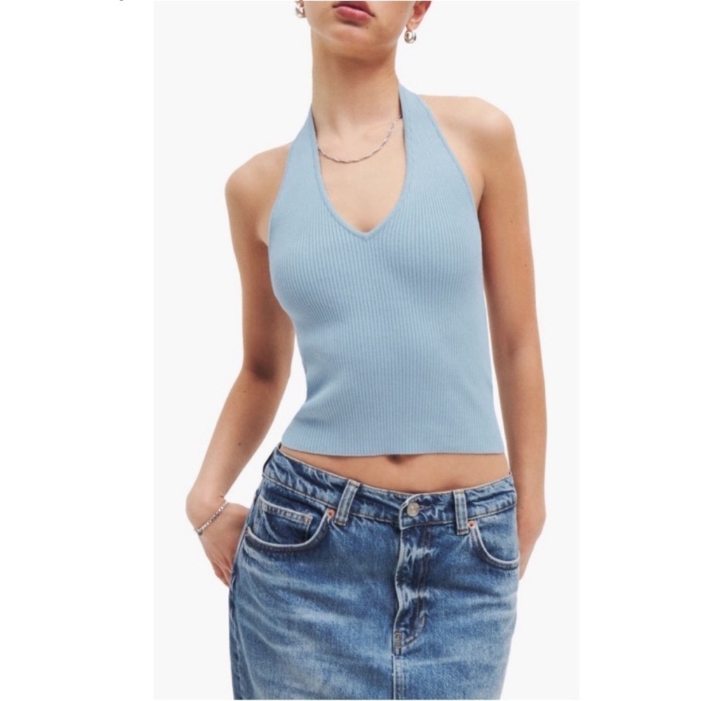 Reformation Carol Cotton Sweater Tank Ribbed Halter Crop Top Mineral Blue